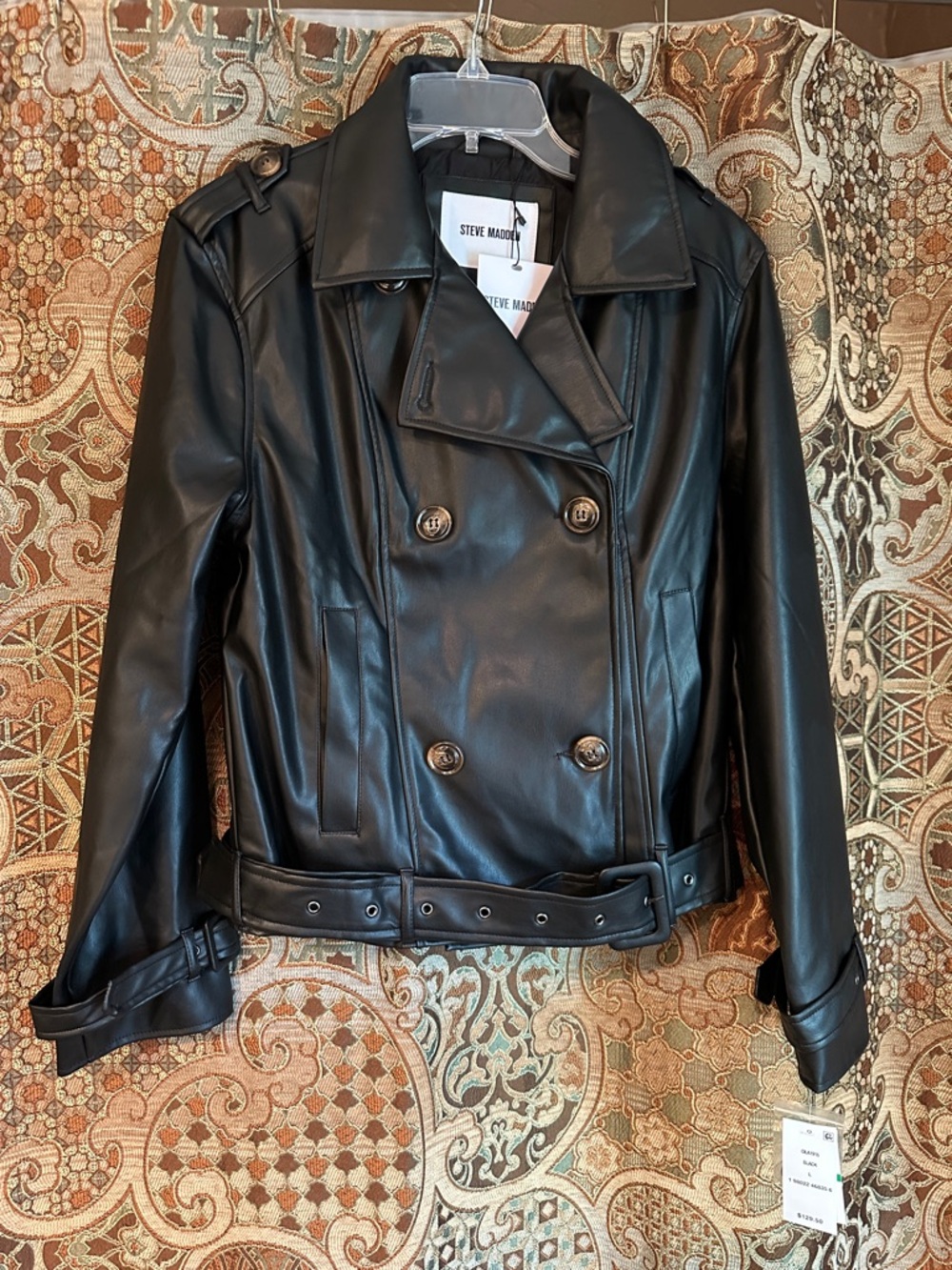 Steve Madden Black Faux-Leather Double-Breasted Belted Jacket